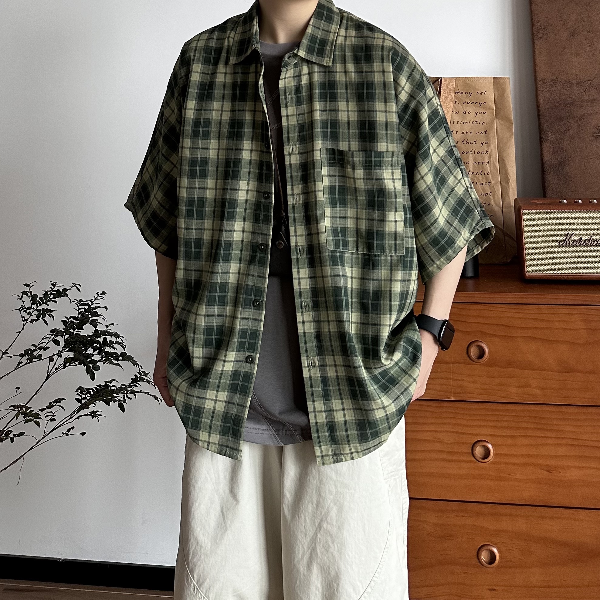 B东日系男装复古日潮工装格纹薄款夏季宽松中性蝙蝠袖垂感衬衫