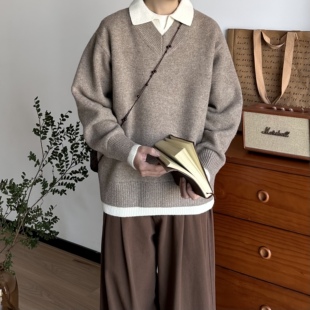 BUTQIU日系复古秋冬宽松假两件V领针织衫毛衣男女针织衫外套上衣