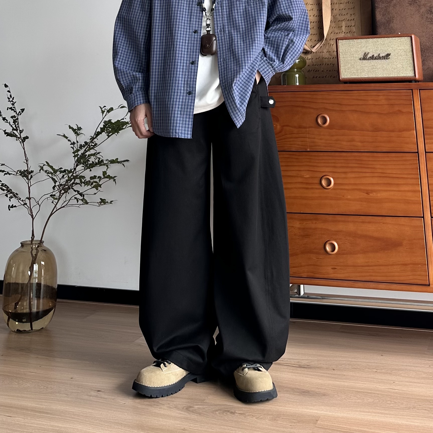 BUTQIU日系复古纯色宽松垂感阔腿裤男女设计感休闲百搭长裤