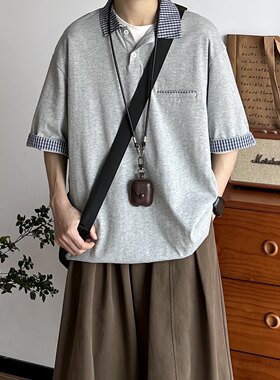BUTQIU日系夏季拼接格子短袖polo衫男复古老钱宽松休闲中性上衣