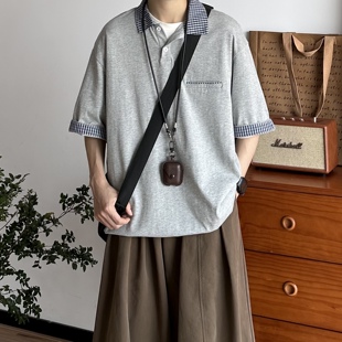 BUTQIU日系夏季拼接格子短袖polo衫男复古老钱宽松休闲中性上衣