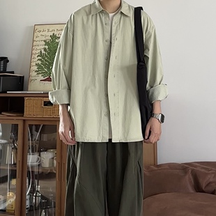 BUTQIU日系复古纯色长袖不规则衬衫男女宽松休闲百搭衬衣外套男