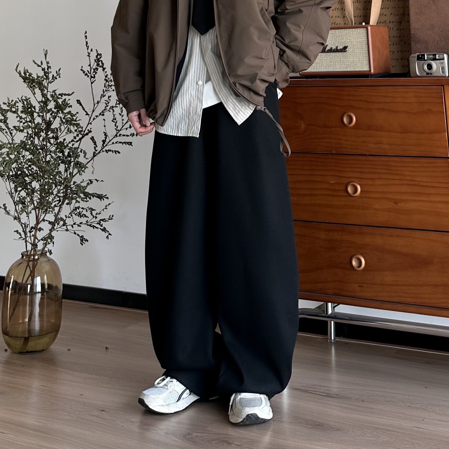 BUTQIU日系秋冬加绒加厚保暖卫裤阔腿裤中性宽松休闲百搭长裤子