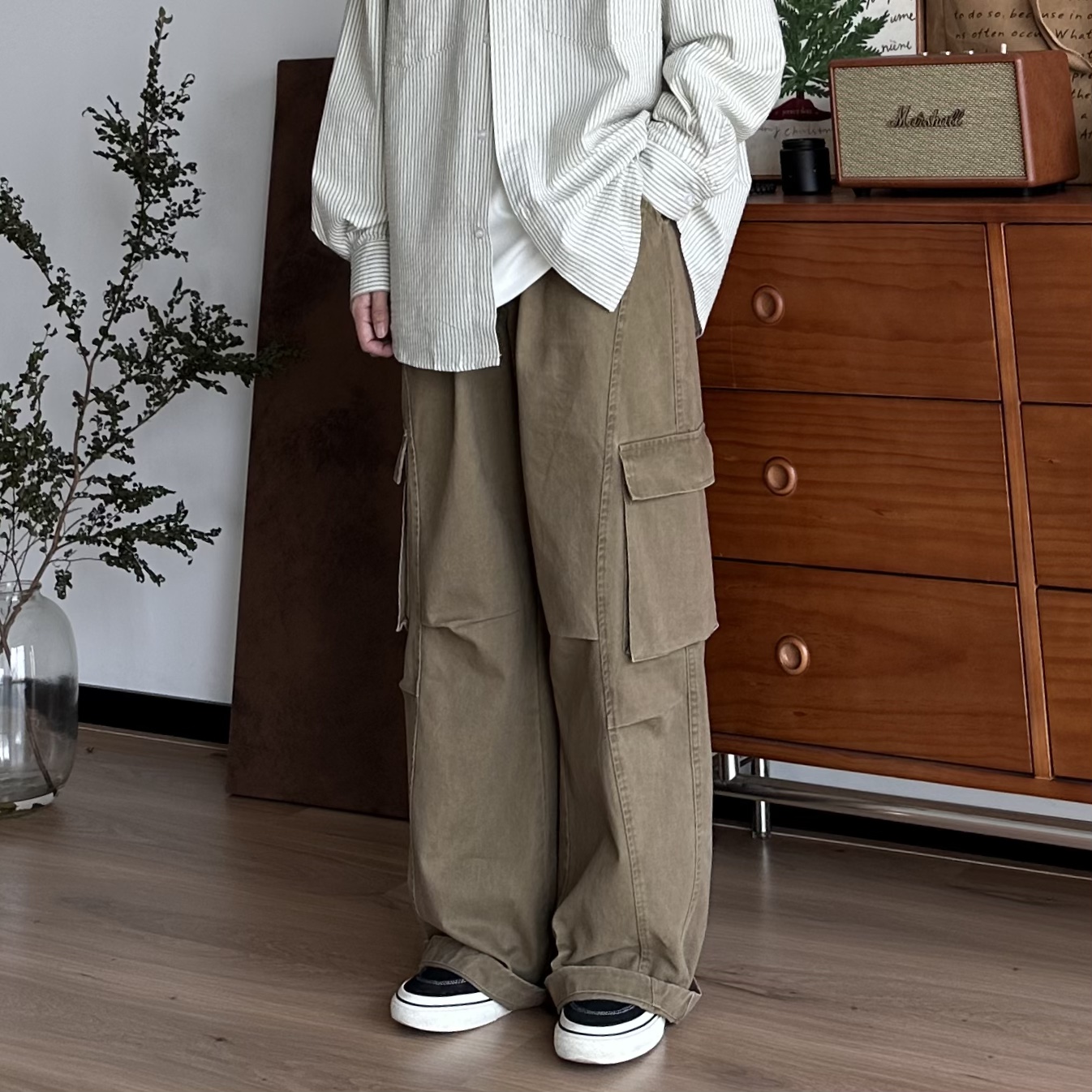 B东日系男装复古口袋工装水洗休闲裤男女宽松直筒阔腿百搭长裤子