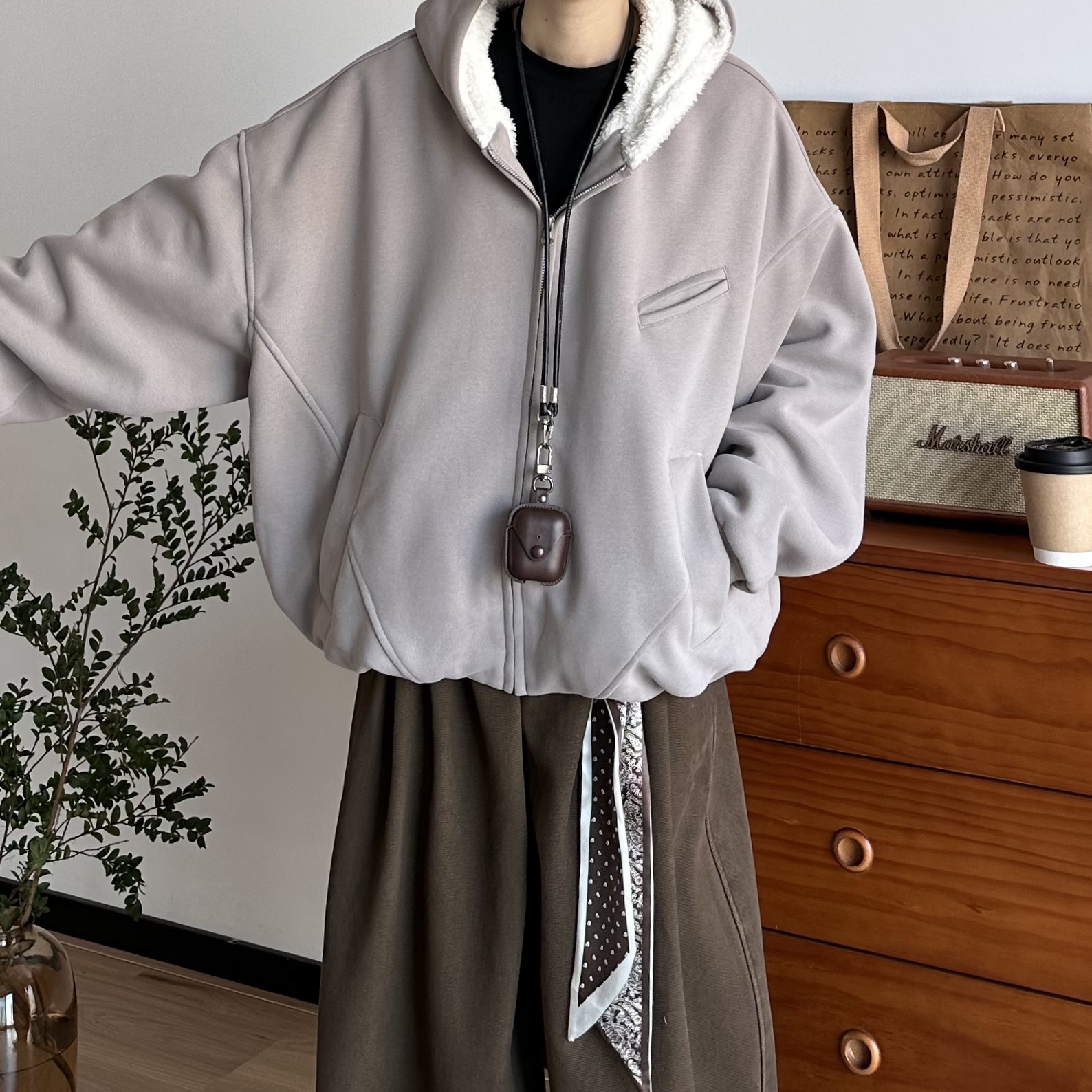 BUTQIU日系秋冬宽松连帽加绒保暖拉链开衫外套男女休闲夹克上衣