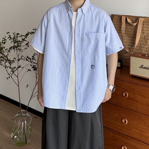 BUTQIU日系基础通勤少年感蓝条纹牛津纺翻领衬衫工装休闲衬衣夏