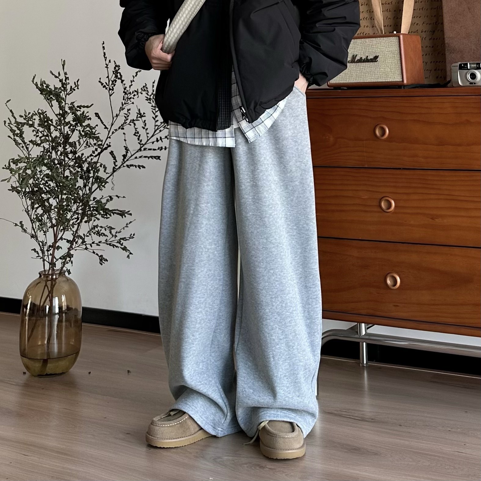 BUTQIU日系复古秋冬宽松加绒卫裤拖地阔腿裤男女休闲运动裤长裤子