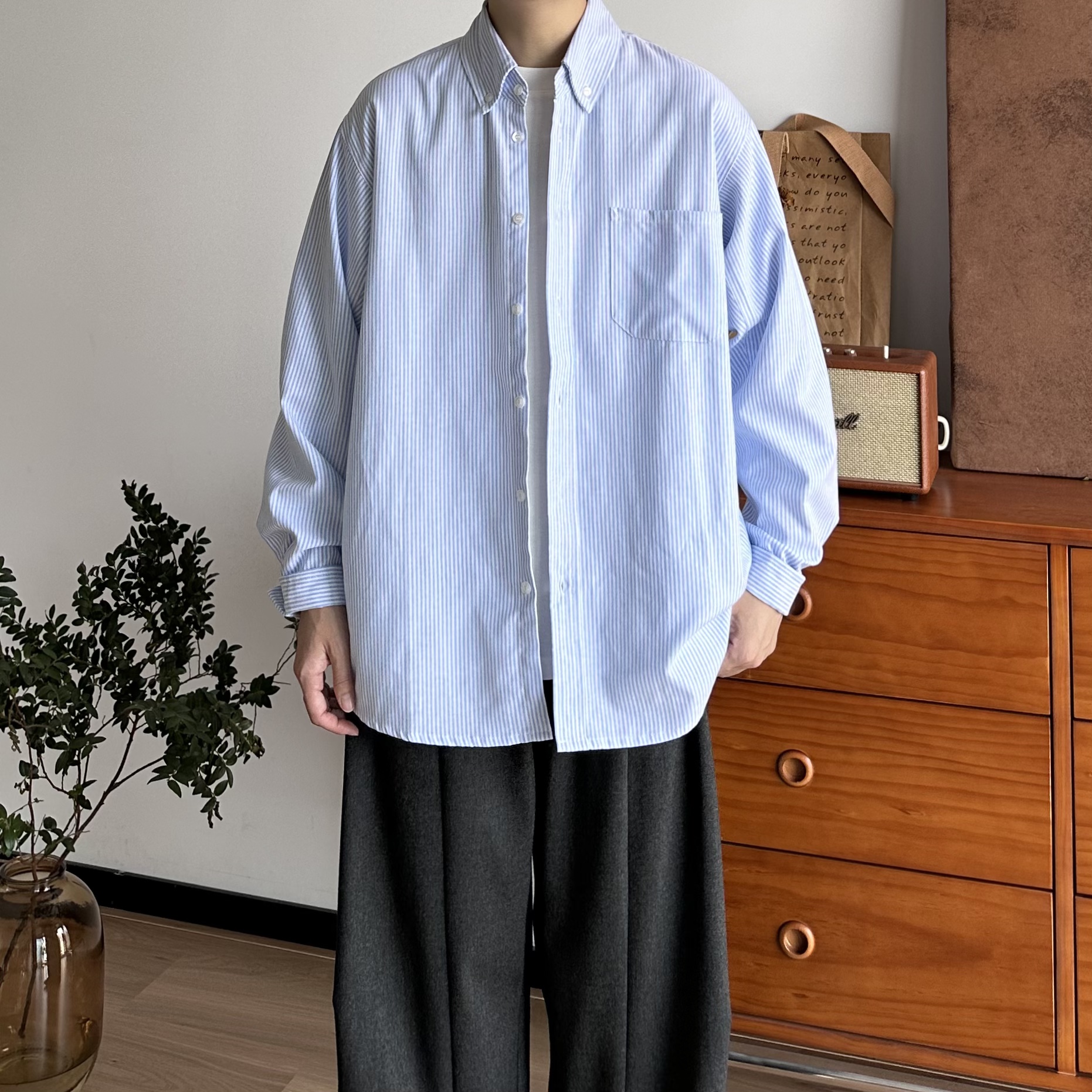 B东日系男装秋冬cityboy基础宽松休闲百搭条纹蓝白长袖衬衫男