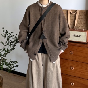 BUTQIU日系复古秋冬咖啡色假两件开衫毛衣男女休闲针织衫外套上衣