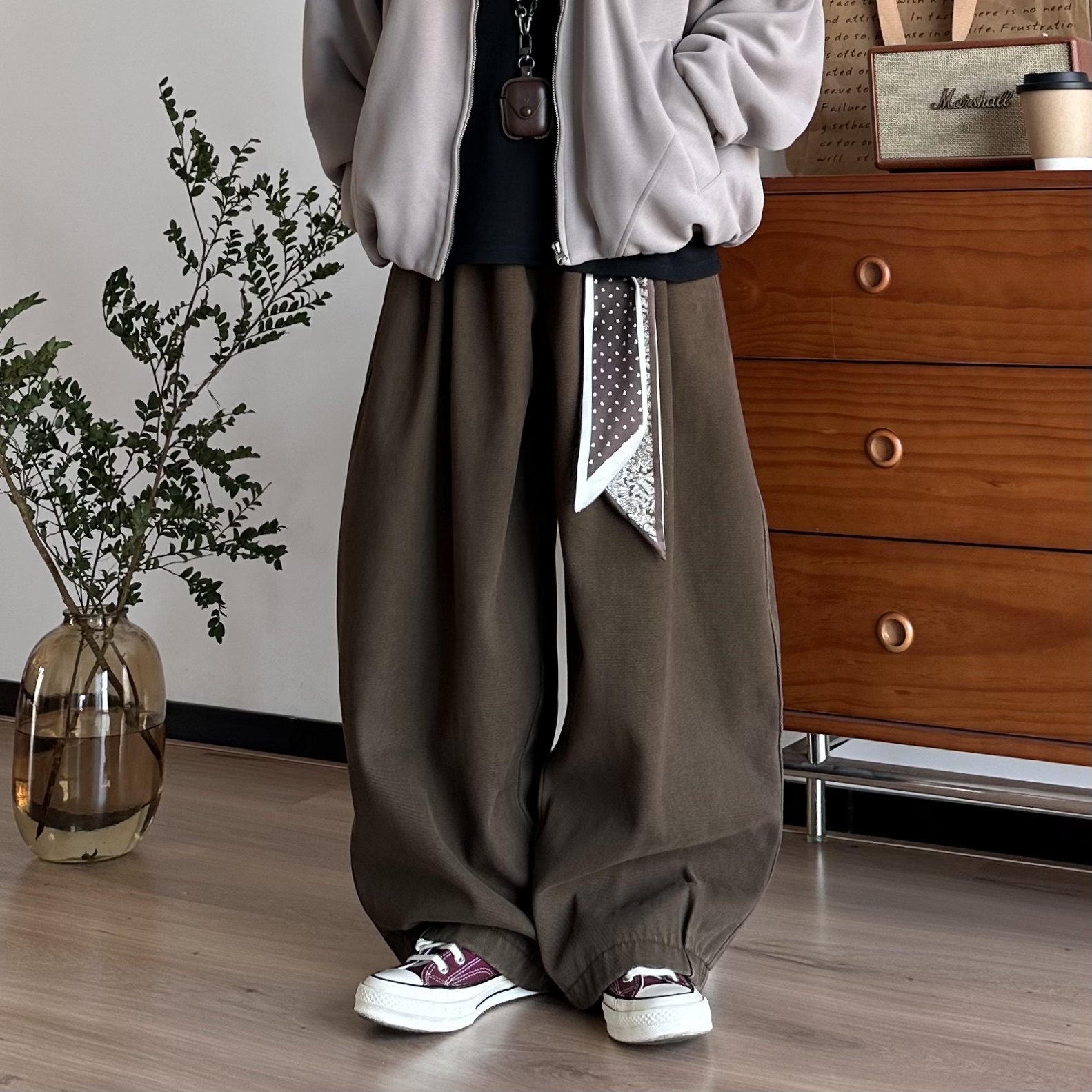 BUTQIU复古秋冬丝巾休闲裤男女加厚加绒弯刀阔腿裤垂感拖地长裤,男装,休闲裤,淘宝优惠券,粉丝福利购,淘宝优惠卷