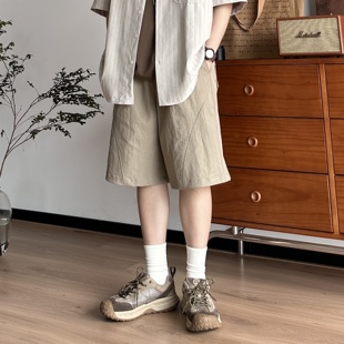 男女宽松休闲百搭五分裤 拼接大口袋短裤 复古纯色工装 B东日系男装