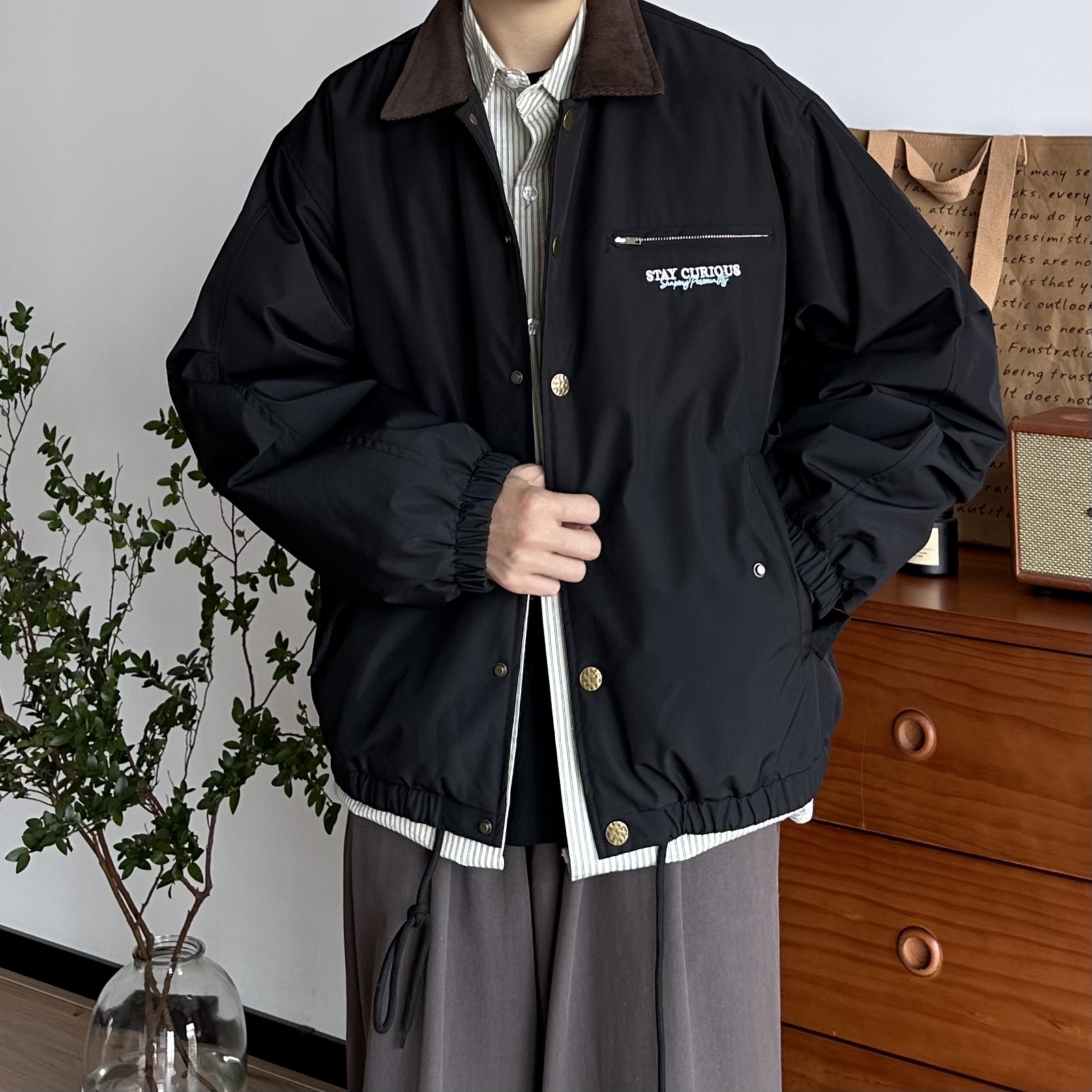 BUTQIU日系秋冬季中性复古90白鸭绒翻领羽绒服男女刺绣休闲外套