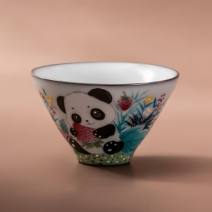 铁骨王文熊猫斗笠杯厚胎厚釉汝窑手绘陶瓷品茗杯家用茶具泡茶杯