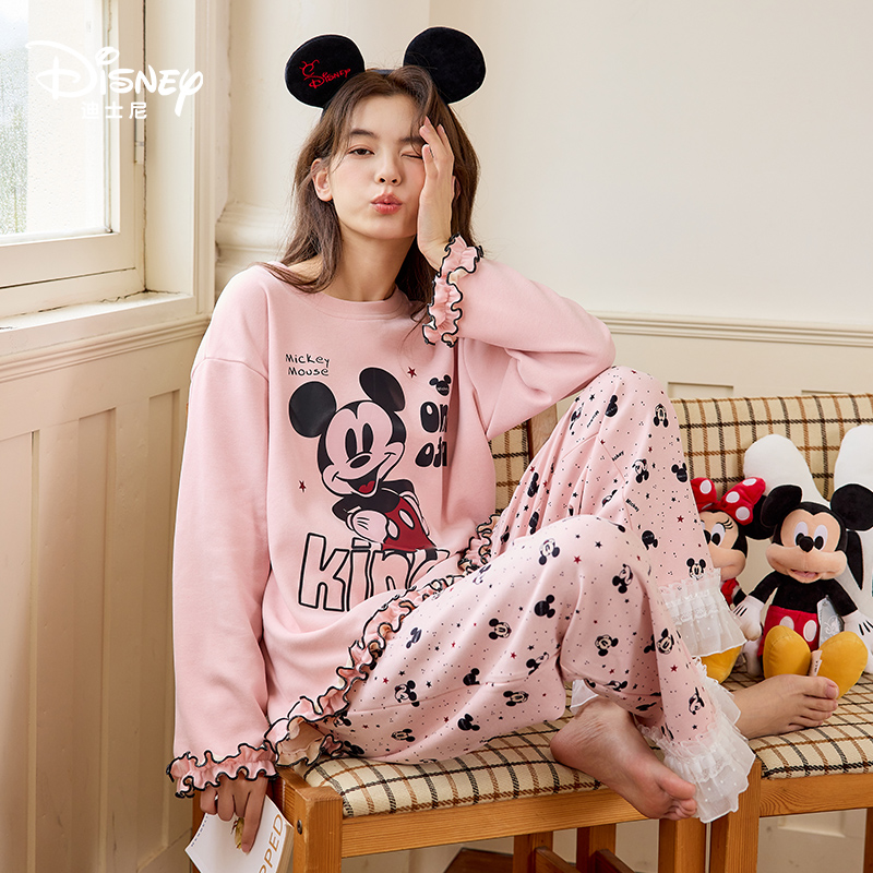 Disney迪士尼羊绒蚕丝卡通长袖长裤秋冬印花宽松甜美家居服0217