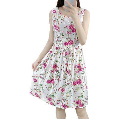 小个子碎花棉绸连衣裙中长款夏季