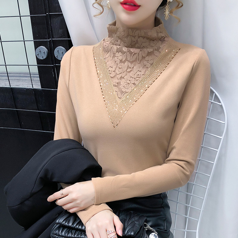 半高领德绒打底衫女秋冬装双面羊绒内搭磨毛洋气欧货加绒蕾丝上衣