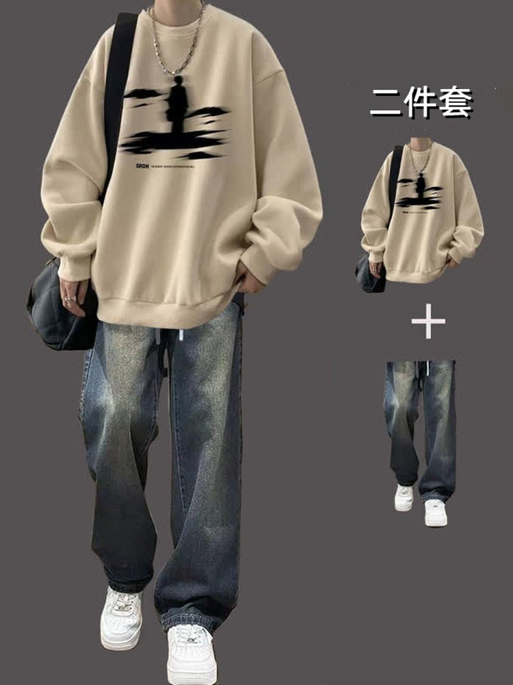 加绒卫衣套装男春秋冬季美式潮牌青少年痞帅一套搭配牛仔裤两件套
