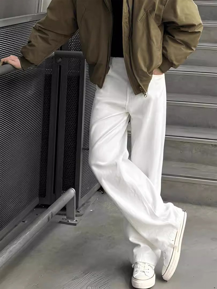 春秋冬男士白色牛仔裤，时尚品牌宽松直筒阔腿裤，帅气百搭高腰休