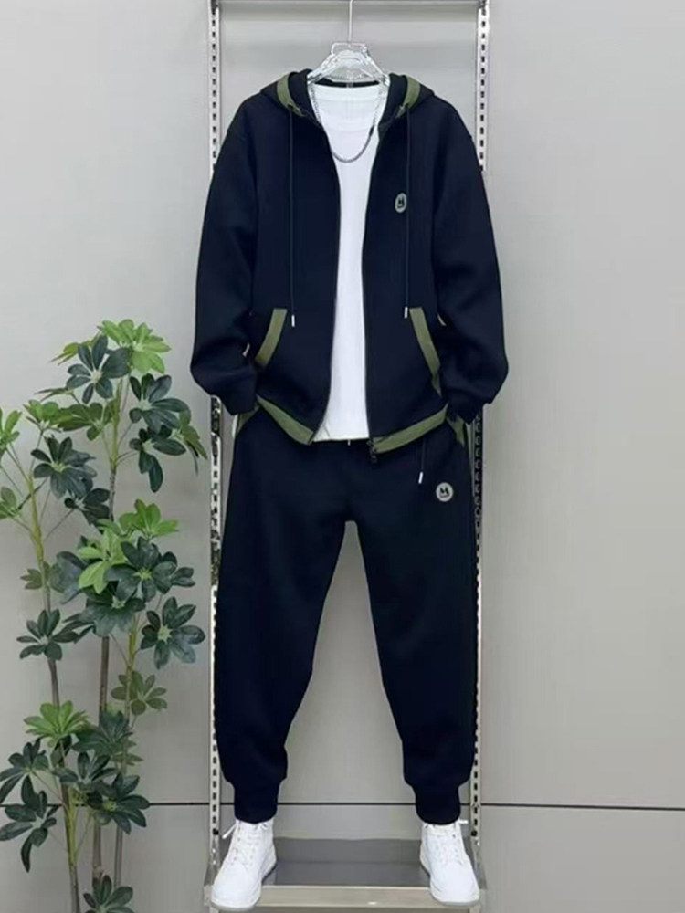 老钱风休闲运动套装男士春秋季潮流拼色宽松连帽外套束脚裤两件套