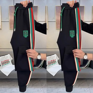 男士运动裤春季和秋季时髦字母刺绣纤细条纹打底裤运动裤多功能休