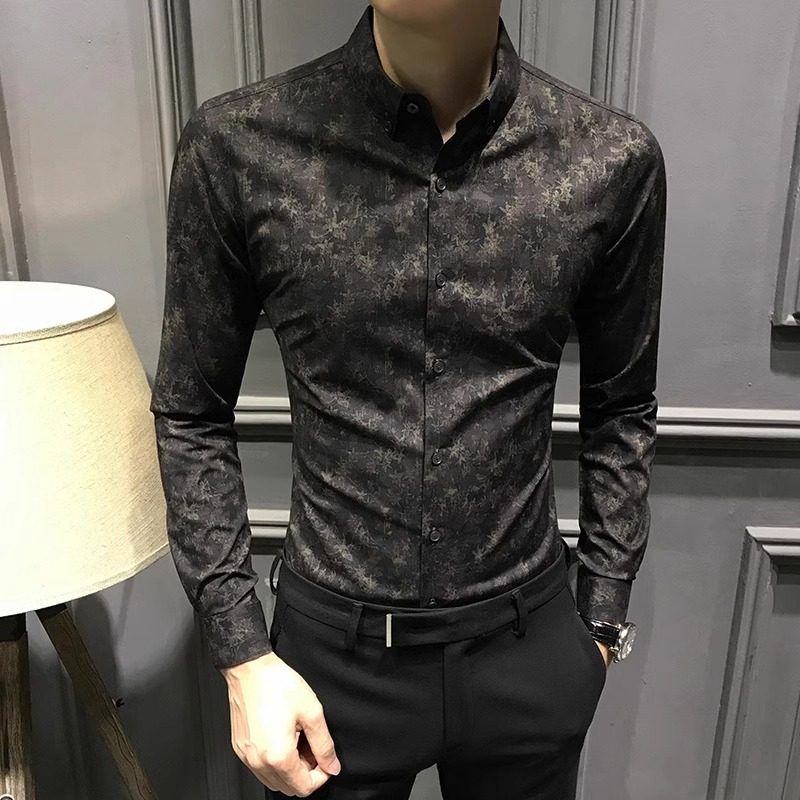 高级感暗纹碎花长袖衬衫男士春秋季2025新款痞帅休闲 韩版修身衬
