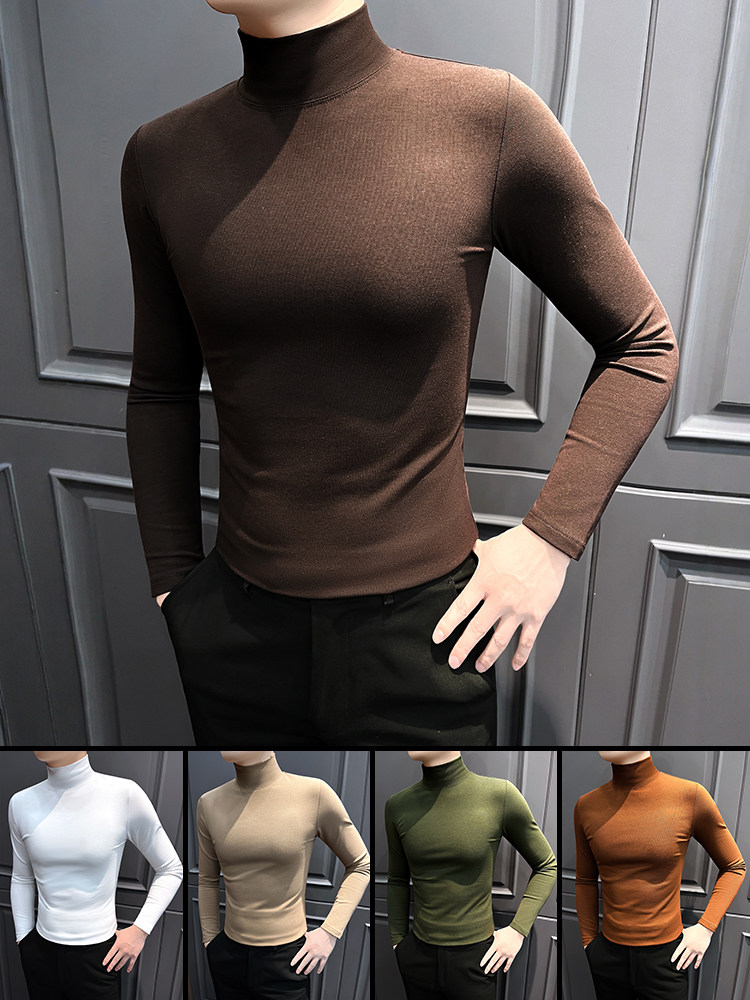 半高领长袖T恤男士秋冬季潮流痞帅高端紧身中领商务西装内搭上衣