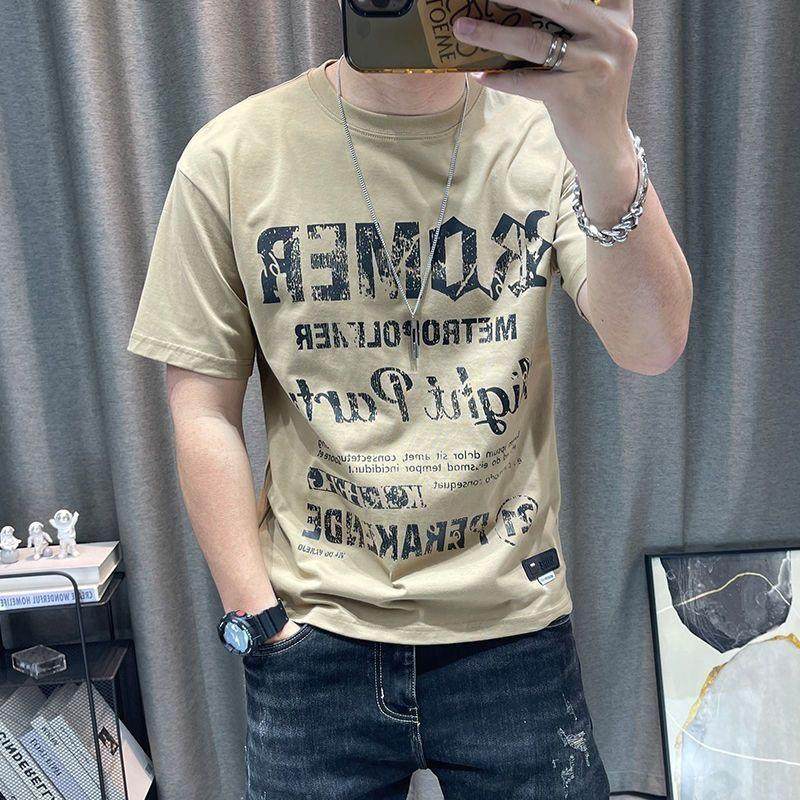 短袖T恤男士夏季复古潮流高端印花纯棉半袖韩版宽松圆领休闲上衣