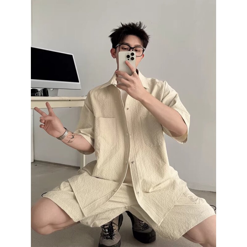 短袖衬衫套装男士夏季2026新款潮牌宽松休闲衬衣短裤一套痞帅搭配