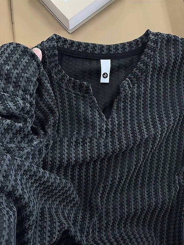 鱼骨纹小v领卫衣男春秋季潮牌痞帅小香风打底衫宽松慵懒风长袖t恤