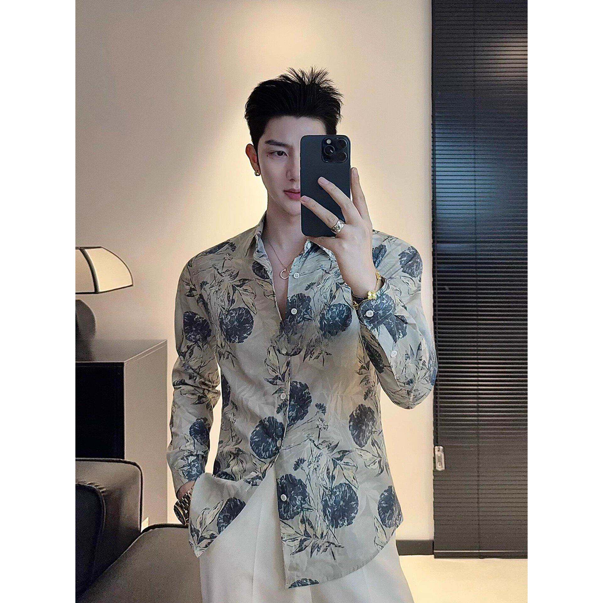 花衬衫男士长袖夏季潮牌痞帅高级感男装上衣百搭宽松休闲印花衬衣