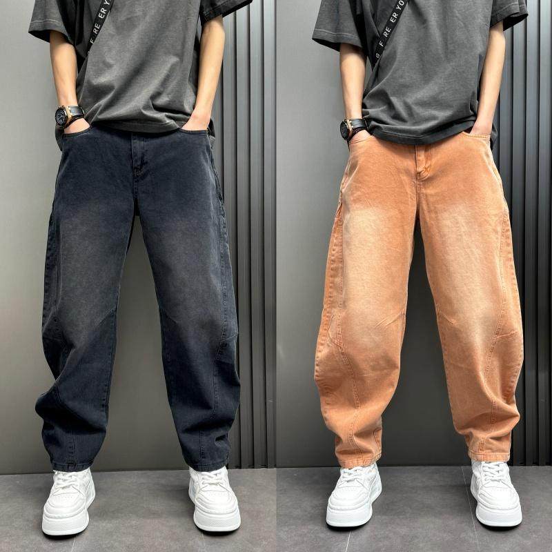 弯刀牛仔裤男士春秋冬季潮牌复古做旧加绒休闲裤宽松直筒阔腿裤子