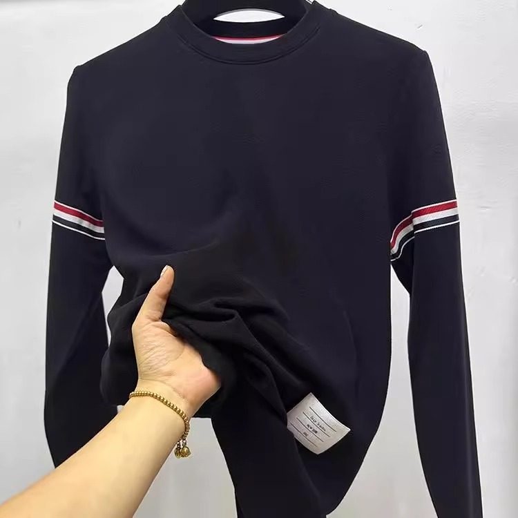 圆领厚棉T男士春秋季潮牌轻奢长袖开 叉上衣织带拼接设计休闲 内