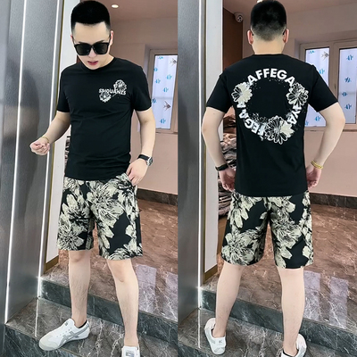 休闲套装男士夏季潮牌修身印花短袖T恤花短裤帅气男装运动一整套
