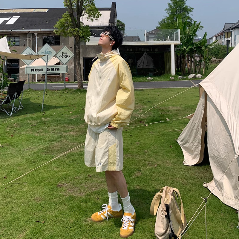 休闲运动防晒衣套装男夏季薄款透气工装连帽防晒服短裤户外登山服