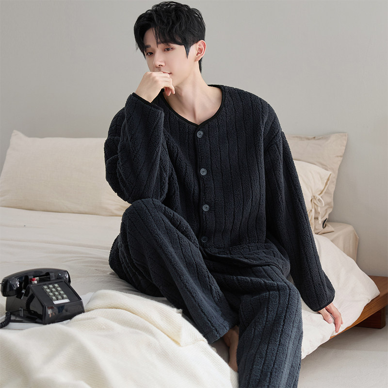 法兰绒睡衣男士秋冬季2025新款加绒加厚珊瑚绒保暖外穿家居服套装