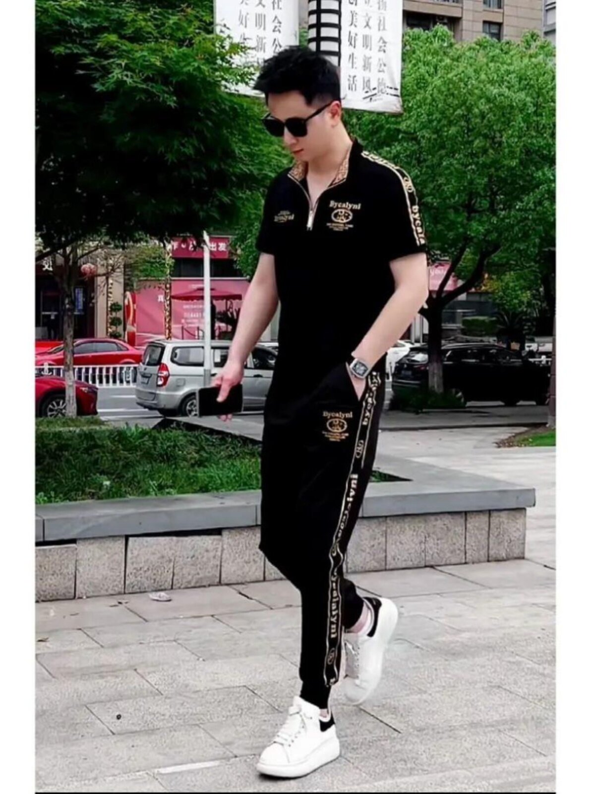 休闲运动套装男士夏季美国时尚品牌无障碍豪华半拉炼立领短袖Polo