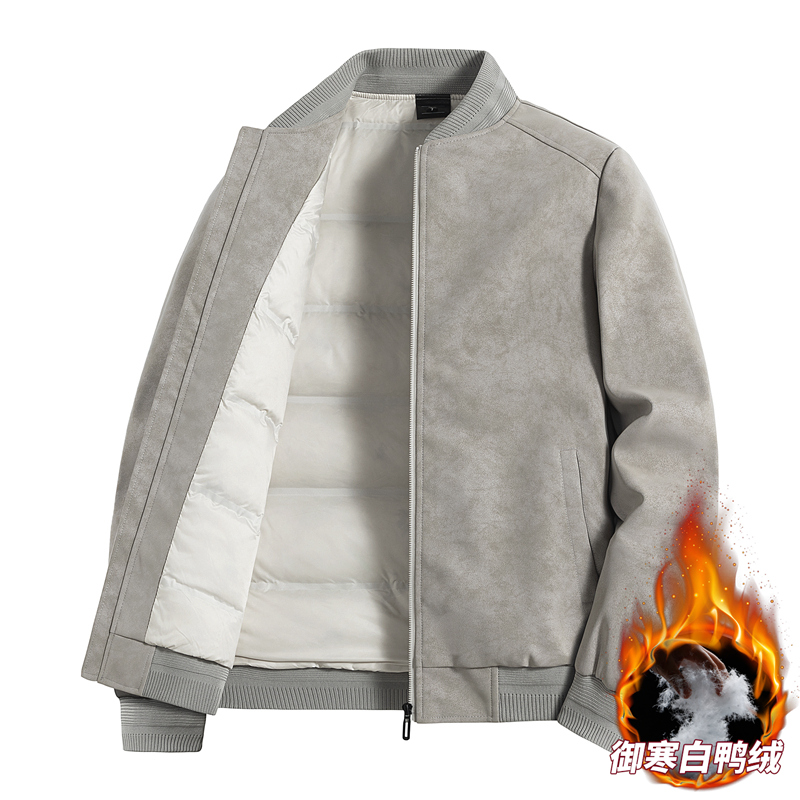 麂皮绒羽绒服男冬季新款潮牌短款棒球领皮衣夹克防寒加厚保暖外套
