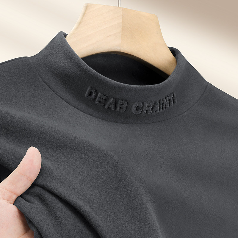 德绒打底衫男士冬季加绒加厚保暖半高领压花上衣修身痞帅长袖t恤