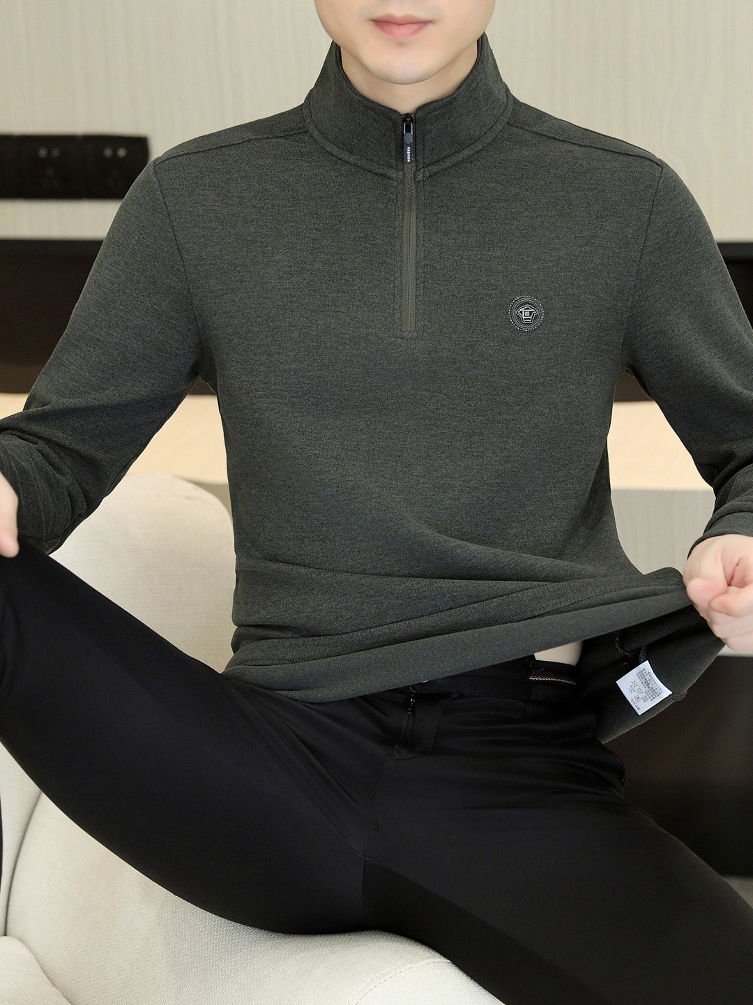 德绒保暖内衣男秋冬季加绒加厚上衣男士可外穿半高领拉炼防寒秋衣