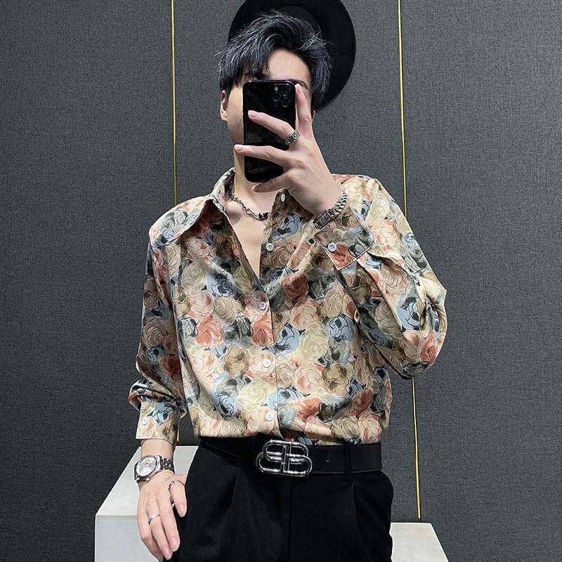 冰丝玫瑰花衬衫男士春秋夏季潮牌痞帅设计感大领垫肩度假长袖衬衣