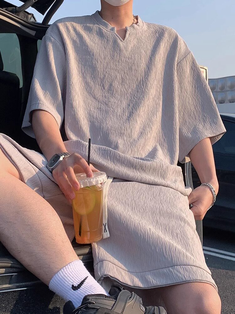 肌理感冰丝休闲套装男夏季潮牌凉感速干宽松短袖短裤青少年两件套