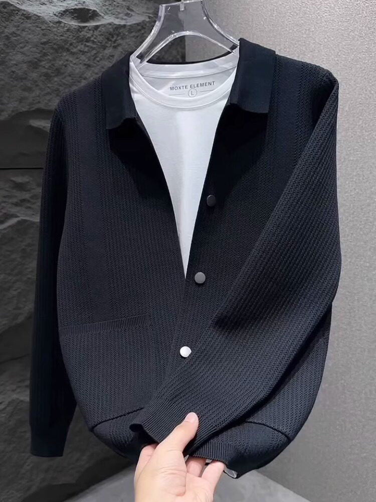 黑色针织开衫男士春季，秋季和冬季2025新的时髦英俊的翻领多功能