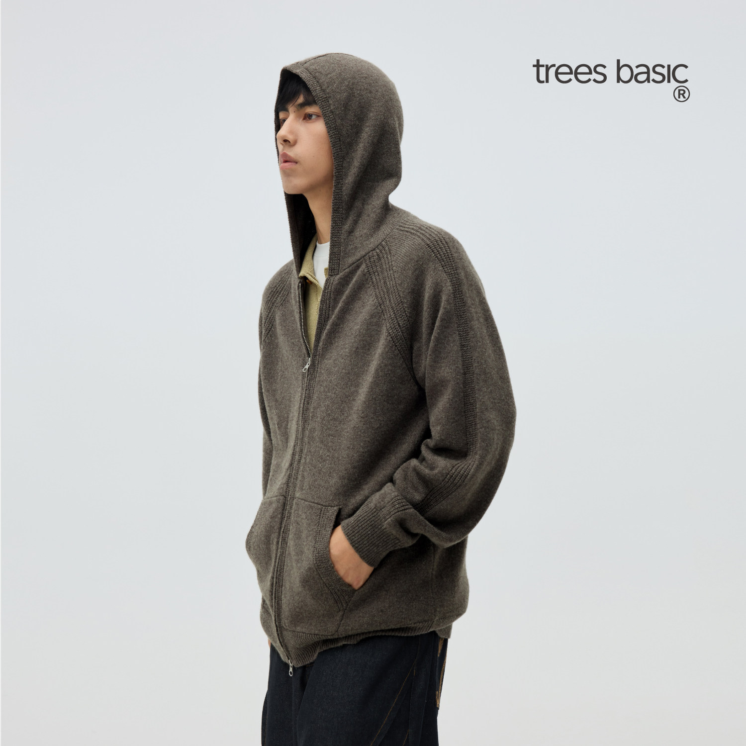TreesBasic 35%澳羊毛蓬松休闲连帽拉链开衫外套毛衣2