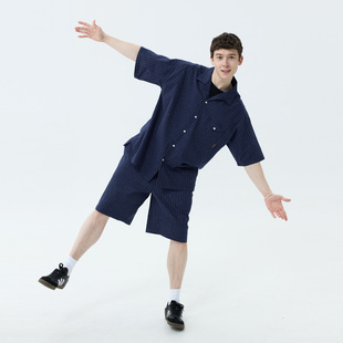 休闲套装 衬衫 度假风亚麻藏青竖条纹短袖 warmtrees2025夏季