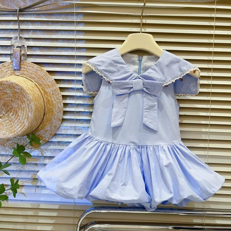 夏女童连衣裙浅蓝海军领蝴蝶结珍珠肩带蕾丝边甜美公主裙子26071