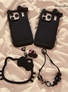 日韩个性黑色kitty猫适用苹果17ProMax手机壳iphone17新款16pro可爱15创意14女款16promax软硅胶保护套链条