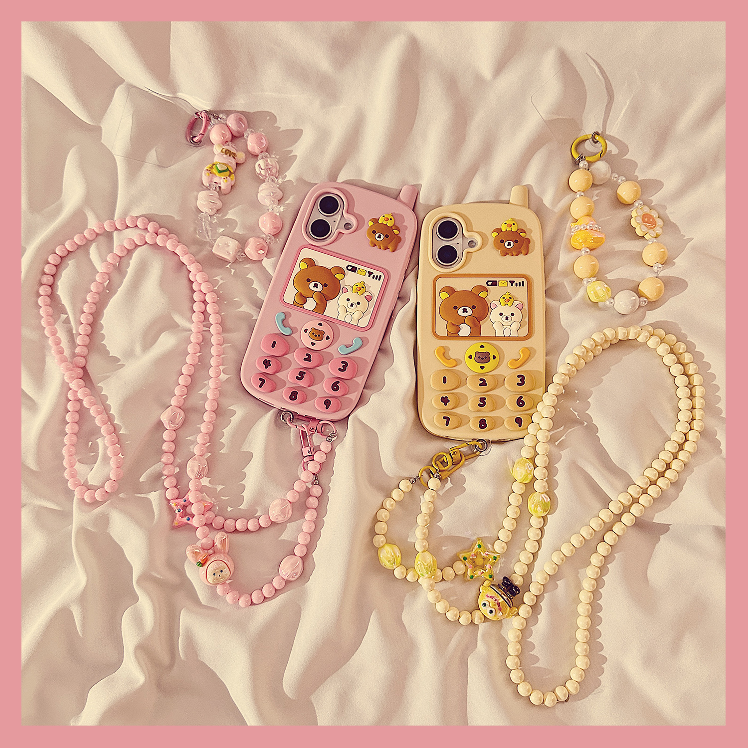 日韩可爱轻松熊电话适用苹果16ProMax手机壳iphone16新款15立体14卡通13斜挎12女款15promax软硅胶保护套链条