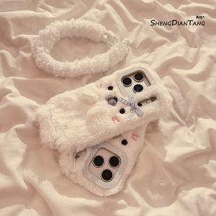 秋冬毛绒可爱小海豹适用苹果17ProMax手机壳iphone17新款 16promax软硅胶保护套链条 16pro卡通15创意14女款