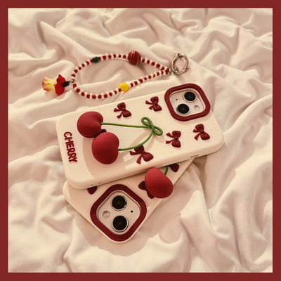 红色蝴蝶结樱桃适用苹果16手机壳