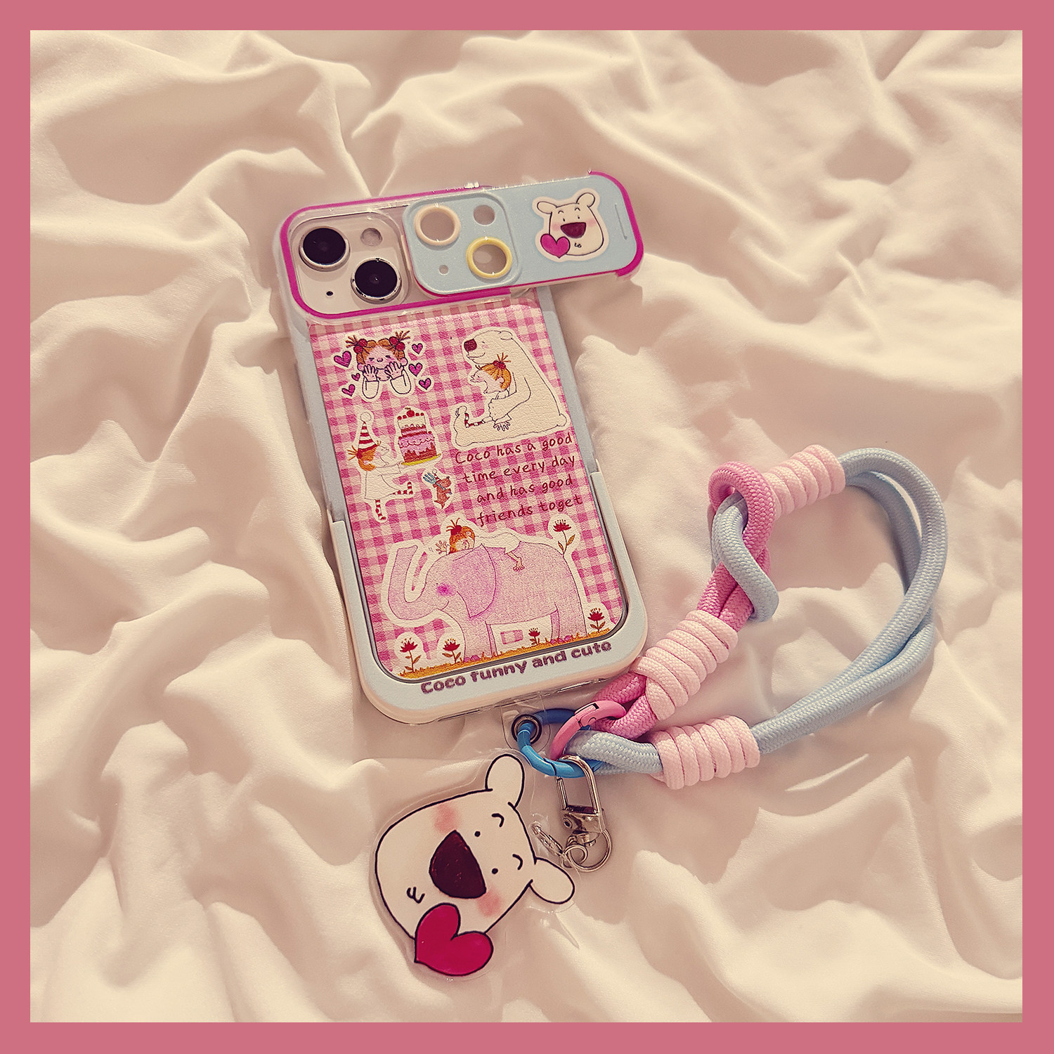 粉色格纹可爱coco酱支架适用苹果16ProMax手机壳iphone16新款15推拉镜14创意13女款15promax软硅胶保护套链条,3C数码配件,手机保护套/壳,淘宝优惠券,粉丝福利购,淘宝优惠卷